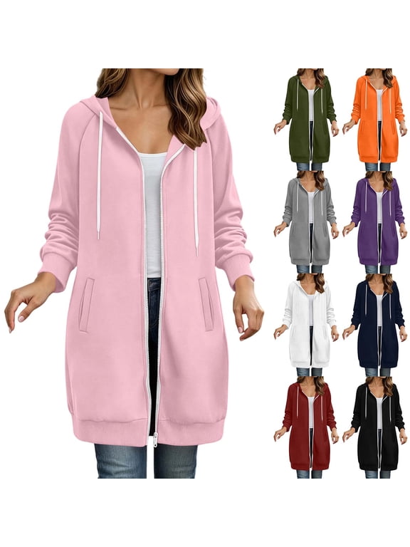 Zip Up Tunic Hoodies for Women Casual Solid Color Hooded Sweatshirt Oversized Fashion Pullover Cotton Jogging Long Sleeve Long Jackets