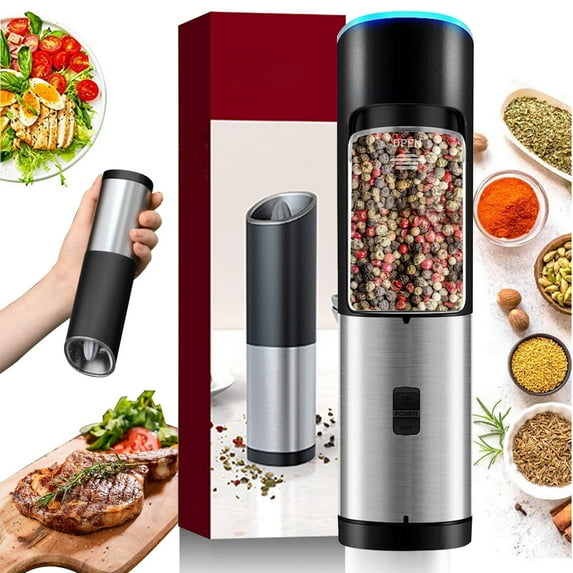 Jsbaby Electric Pepper Grinder Automatic Salt Mill Battery Operated Grinder with LED Light, Refillable and Adjustable Coarseness