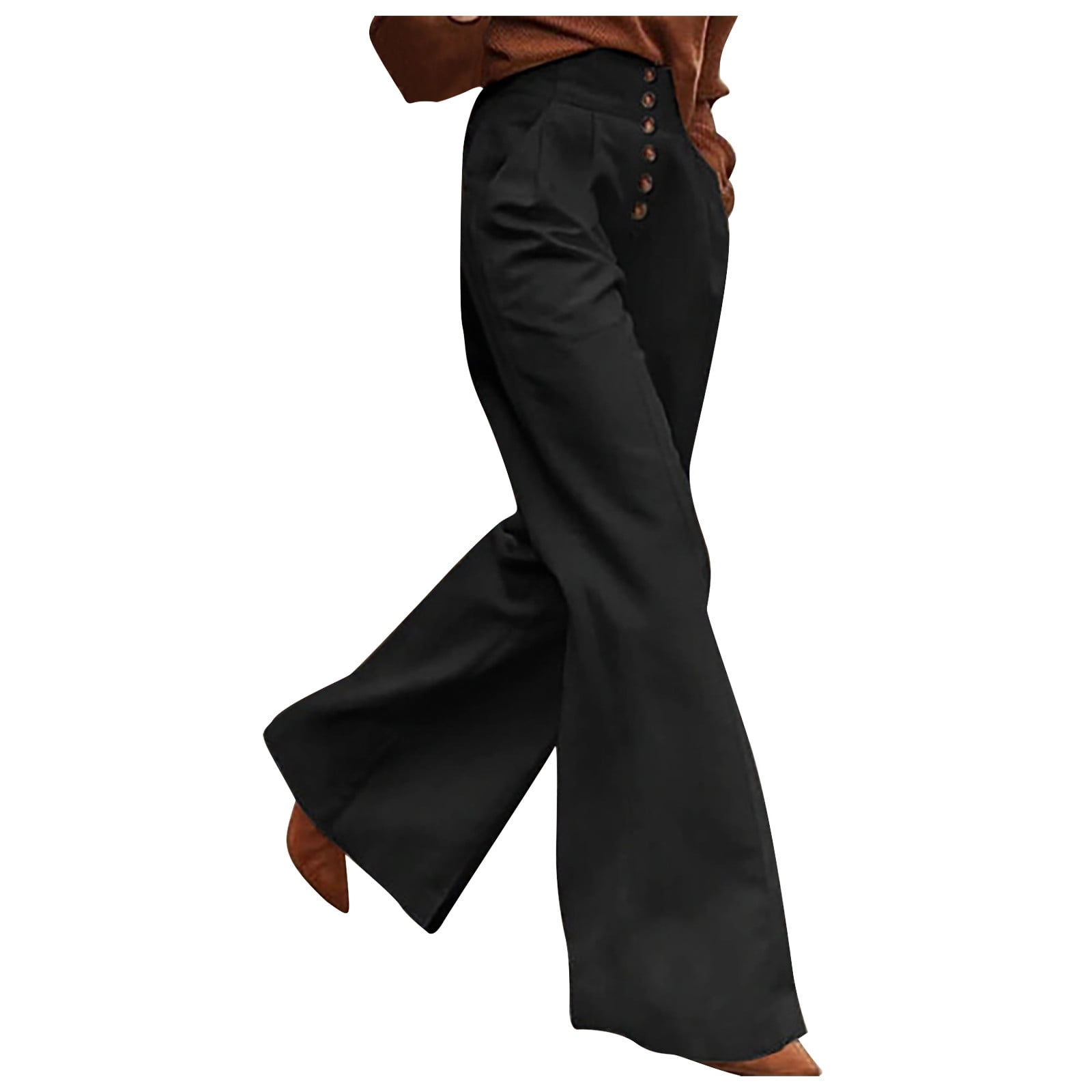 Jsezml Women's Plus Size Linen Pants Front Pleated Ankle Length Flare Dress  Pants Button High Waist Trousers with Pockets 