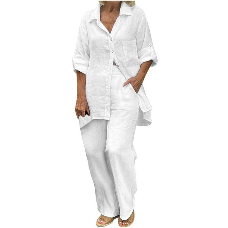 Jsezml Women's Summer Casual 2 Piece Outfits Roll-up Sleeve Basic Button  Down Shirts Plus Size Linen Wide Leg Pants Set