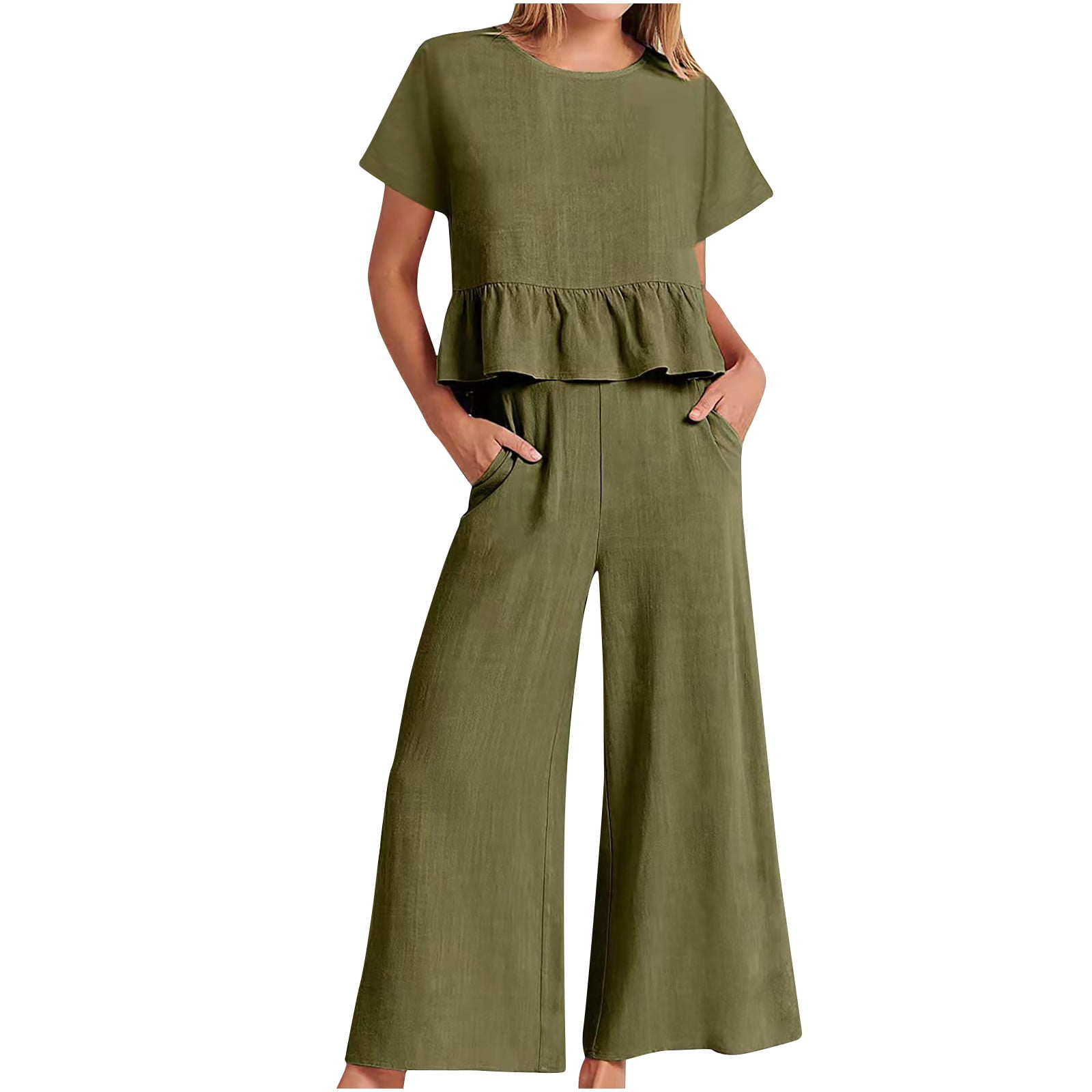 Jsezml Womens Cotton Linen Sets 2 Piece Summer Outfits Elegant Short Sleeve  Ruffle Peplum Crop Top Wide Leg Long Pants 