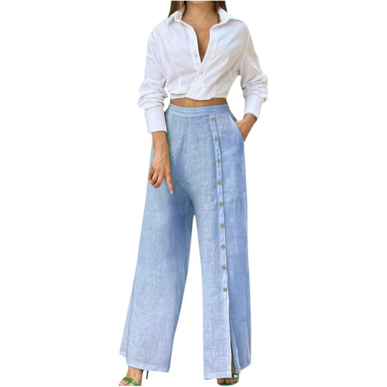 Jsezml Womens Elegant 2 Pieces Outfits Cotton Linen Long Sleeve Button Down  Crop Top Wide Leg Long Pants Casual Sets