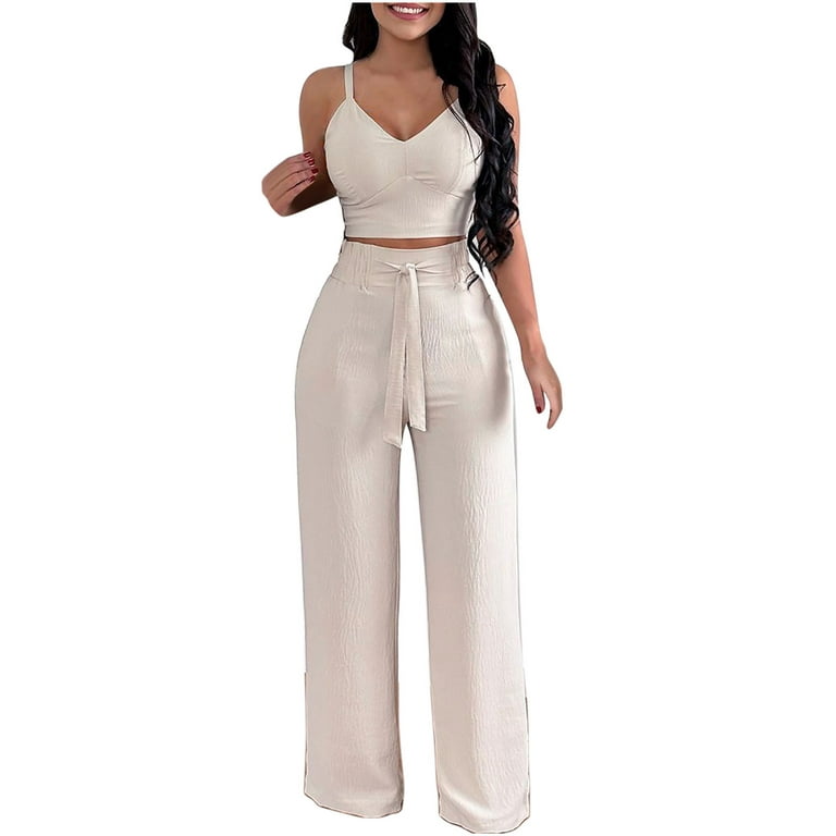 Jsezml Womens Sexy Casual 2 Pieces Outfits Spaghetti Strap Crop Top High  Waist Wide Leg Long Pants Summer Clothes Sets
