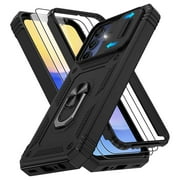 Jshru for Samsung Galaxy A15 Case with Slide Camera Cover | 2Pcs Screen Protector, 360°Rotation Ring Kickstand Drop Protector Cover for Galaxy A15, Black