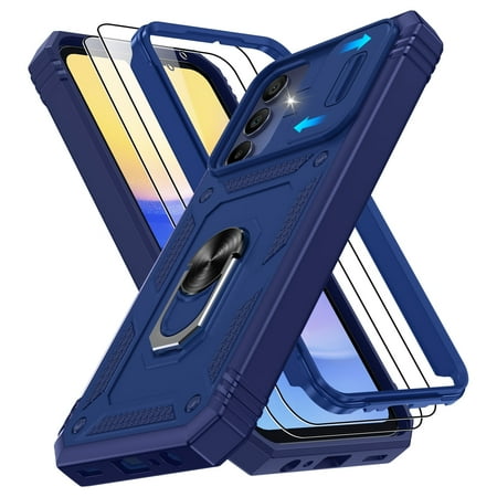 Jshru for Samsung Galaxy A15 Case with Slide Camera Cover | 2Pcs Screen Protector, 360°Rotation Ring Kickstand Drop Protector Cover for Galaxy A15, Blue