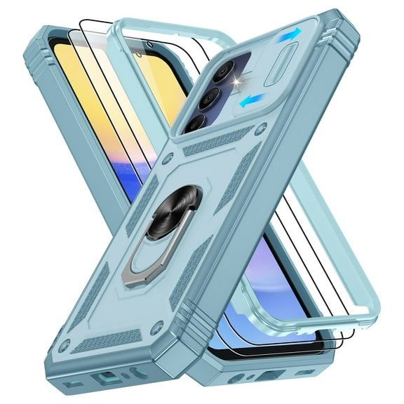 Jshru for Samsung Galaxy A15 Case with Slide Camera Cover | 2Pcs Screen Protector, 360°Rotation Ring Kickstand Drop Protector Cover for Galaxy A15, Green