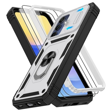 Jshru for Samsung Galaxy A15 Case with Slide Camera Cover | 2Pcs Screen Protector, 360°Rotation Ring Kickstand Drop Protector Cover for Galaxy A15, White