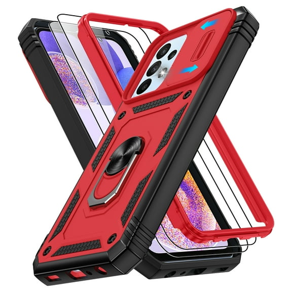 Jshru for Samsung Galaxy A23 Case with Slide Camera Cover | 2Pcs Screen Protector, 360°Rotation Ring Kickstand Drop Protector Cover for Galaxy A23, Red