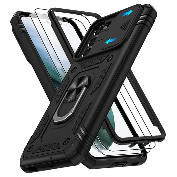Jshru for Samsung Galaxy S21 Case with Slide Camera Cover | 2Pcs Screen Protector, 360°Rotation Ring Kickstand Drop Protector Cover for Galaxy S21, Black