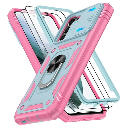 Jshru for Samsung Galaxy S21 Case with Slide Camera Cover | 2Pcs Screen Protector, 360°Rotation Ring Kickstand Drop Protector Cover for Galaxy S21, Mint