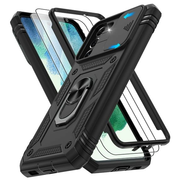 Jshru for Samsung Galaxy S21 FE Case with Slide Camera Cover | 2Pcs Screen Protector, 360°Rotation Ring Kickstand Drop Protector Cover for Galaxy S21 FE, Black