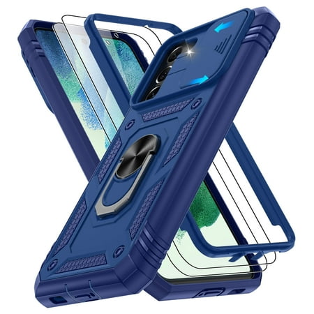 Jshru for Samsung Galaxy S21 FE Case with Slide Camera Cover | 2Pcs Screen Protector, 360°Rotation Ring Kickstand Drop Protector Cover for Galaxy S21 FE, Blue