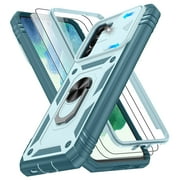 Jshru for Samsung Galaxy S21 FE Case with Slide Camera Cover | 2Pcs Screen Protector, 360°Rotation Ring Kickstand Drop Protector Cover for Galaxy S21 FE, Green