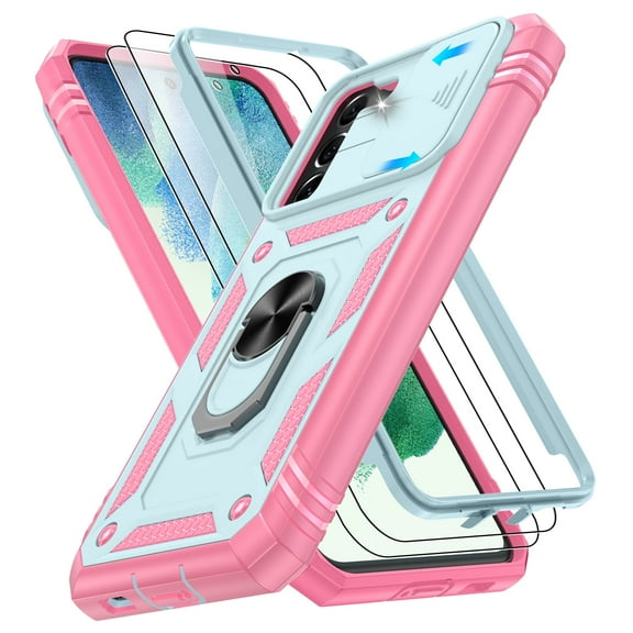 Jshru for Samsung Galaxy S21 FE Case with Slide Camera Cover | 2Pcs Screen Protector, 360°Rotation Ring Kickstand Drop Protector Cover for Galaxy S21 FE, Mint