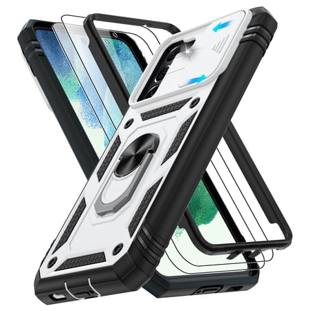 Jshru for Samsung Galaxy S21 FE Case with Slide Camera Cover | 2Pcs Screen Protector, 360°Rotation Ring Kickstand Drop Protector Cover for Galaxy S21 FE, White