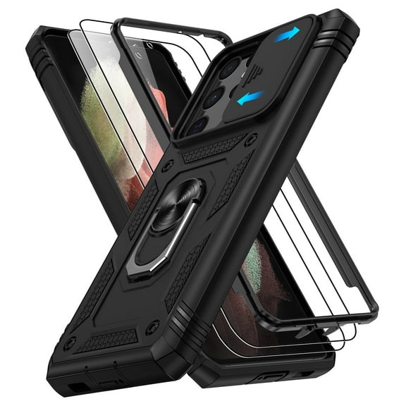 Jshru for Samsung Galaxy S21 Ultra Case with Slide Camera Cover | 2Pcs Screen Protector, 360°Rotation Ring Kickstand Drop Protector Cover for Galaxy S21 Ultra, Black