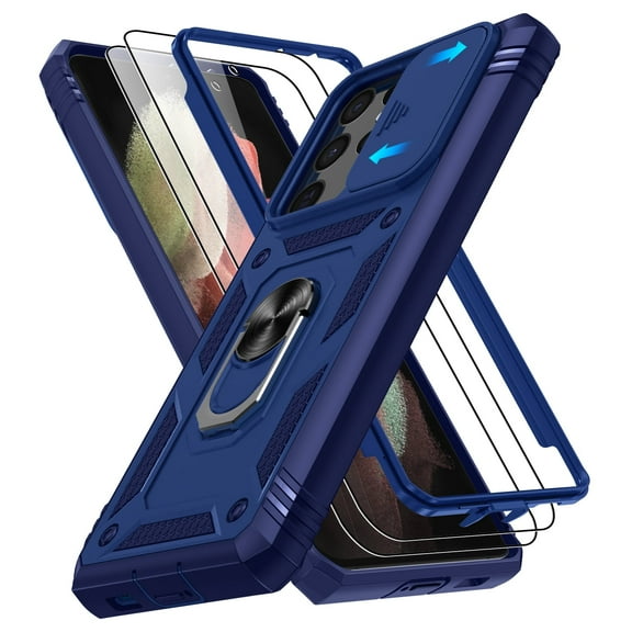 Jshru for Samsung Galaxy S21 Ultra Case with Slide Camera Cover | 2Pcs Screen Protector, 360°Rotation Ring Kickstand Drop Protector Cover for Galaxy S21 Ultra, Blue