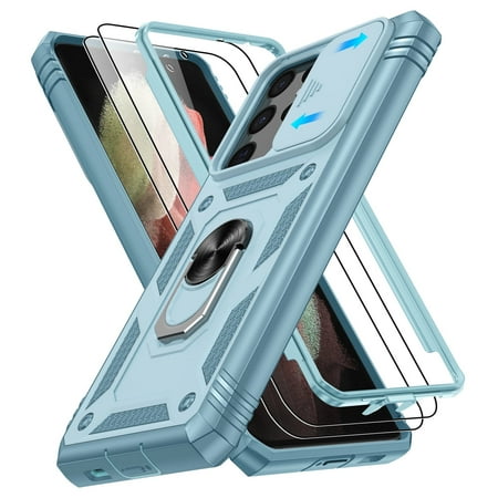 Jshru for Samsung Galaxy S21 Ultra Case with Slide Camera Cover | 2Pcs Screen Protector, 360°Rotation Ring Kickstand Drop Protector Cover for Galaxy S21 Ultra, Green