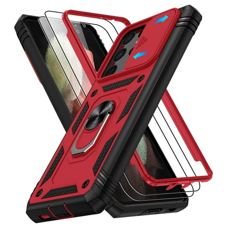 Jshru for Samsung Galaxy S21 Ultra Case with Slide Camera Cover | 2Pcs Screen Protector, 360°Rotation Ring Kickstand Drop Protector Cover for Galaxy S21 Ultra, Red
