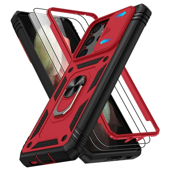 Jshru for Samsung Galaxy S21 Ultra Case with Slide Camera Cover | 2Pcs Screen Protector, 360°Rotation Ring Kickstand Drop Protector Cover for Galaxy S21 Ultra, Red