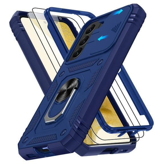 Jshru for Samsung Galaxy S22 Case with Slide Camera Cover | 2Pcs Screen Protector, 360°Rotation Ring Kickstand Drop Protector Cover for Galaxy S22, Blue