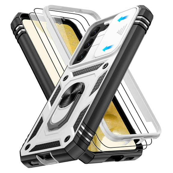 Jshru for Samsung Galaxy S22 Case with Slide Camera Cover | 2Pcs Screen Protector, 360°Rotation Ring Kickstand Drop Protector Cover for Galaxy S22, White