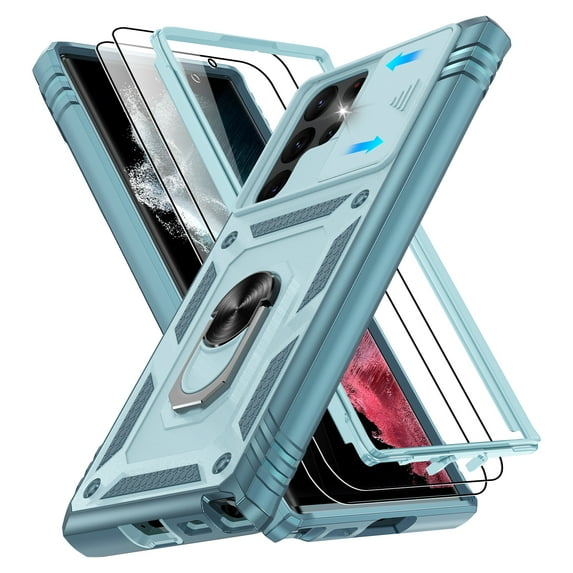 Jshru for Samsung Galaxy S22 Ultra Case with Slide Camera Cover | 2Pcs Screen Protector, 360°Rotation Ring Kickstand Drop Protector Cover for Galaxy S22 Ultra, Green