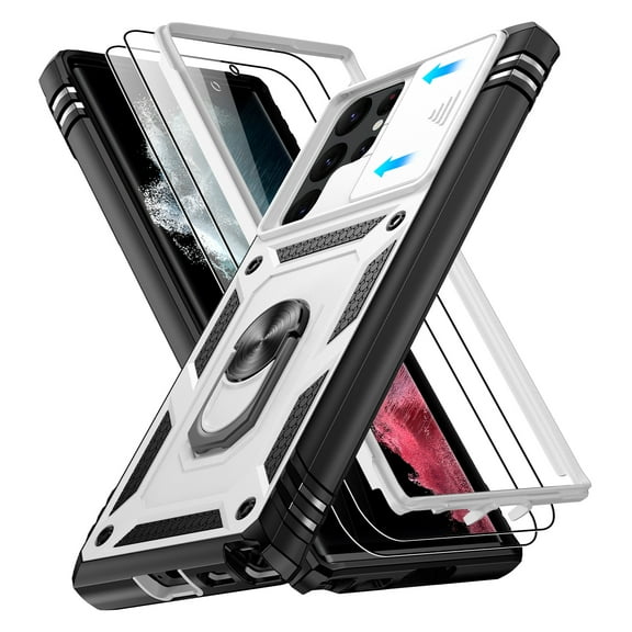 Jshru for Samsung Galaxy S22 Ultra Case with Slide Camera Cover | 2Pcs Screen Protector, 360°Rotation Ring Kickstand Drop Protector Cover for Galaxy S22 Ultra, White
