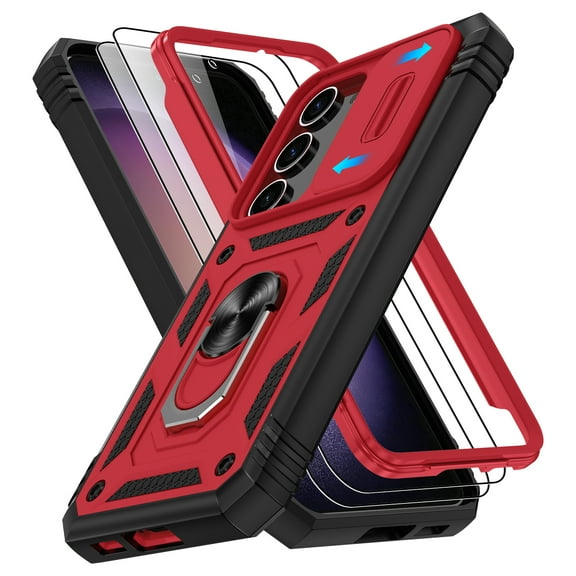 Jshru for Samsung Galaxy S23 Case with Slide Camera Cover | 2Pcs Screen Protector, 360°Rotation Ring Kickstand Drop Protector Cover for Galaxy S23, Red