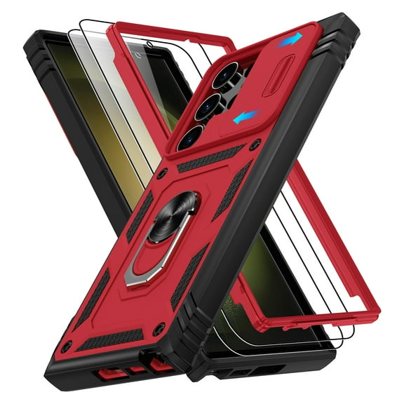 Jshru for Samsung Galaxy S23 Ultra Case with Slide Camera Cover | 2Pcs Screen Protector, 360°Rotation Ring Kickstand Drop Protector Cover for Galaxy S23 Ultra, Red