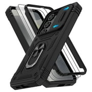 Jshru for Samsung Galaxy S24 Case with Slide Camera Cover | 2Pcs Screen Protector, 360°Rotation Ring Kickstand Drop Protector Cover for Galaxy S24, Black