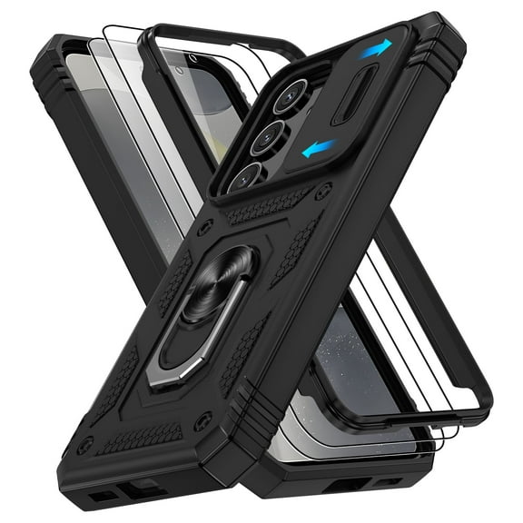 Jshru for Samsung Galaxy S24 Case with Slide Camera Cover | 2Pcs Screen Protector, 360°Rotation Ring Kickstand Drop Protector Cover for Galaxy S24, Black