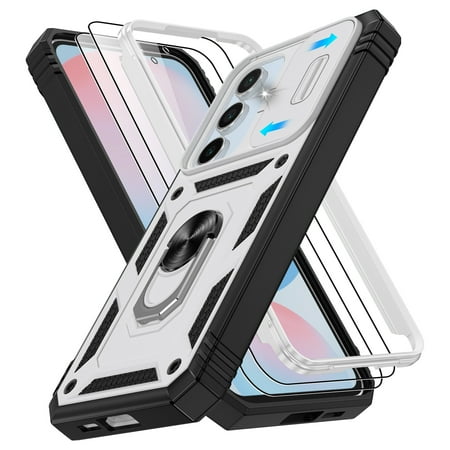 Jshru for Samsung Galaxy S24 FE Case with Slide Camera Cover | 2Pcs Screen Protector, 360°Rotation Ring Kickstand Drop Protector Cover for Galaxy S24 FE, White