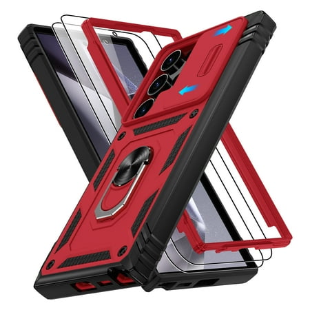 Jshru for Samsung Galaxy S24 Ultra Case with Slide Camera Cover | 2Pcs Screen Protector, 360°Rotation Ring Kickstand Drop Protector Cover for Galaxy S24 Ultra, Red
