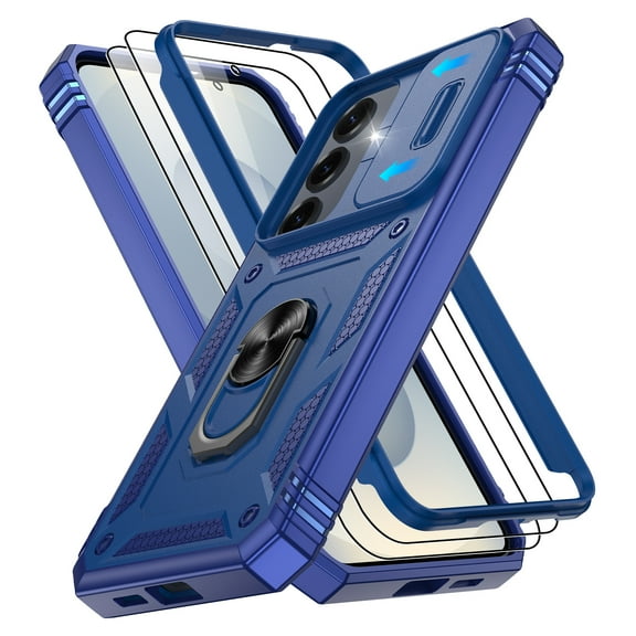 Jshru for Samsung Galaxy S25 Plus Case with Slide Camera Cover | 2Pcs Screen Protector, 360°Rotation Ring Kickstand Drop Protector Cover for Galaxy S25 Plus, Blue