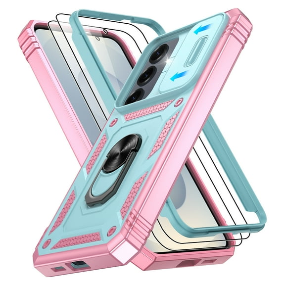 Jshru for Samsung Galaxy S25 Plus Case with Slide Camera Cover | 2Pcs Screen Protector, 360°Rotation Ring Kickstand Drop Protector Cover for Galaxy S25 Plus, Mint