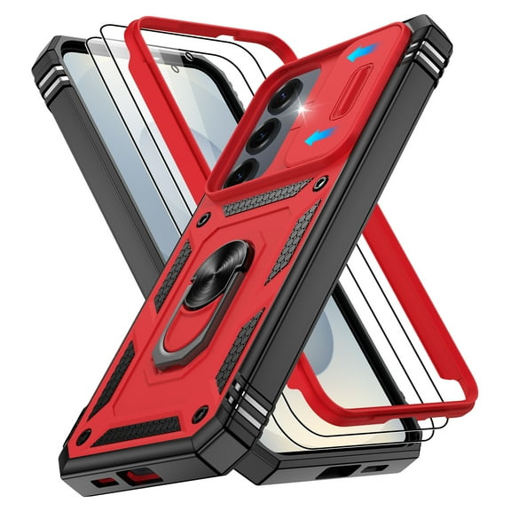 Jshru for Samsung Galaxy S25 Plus Case with Slide Camera Cover | 2Pcs Screen Protector, 360°Rotation Ring Kickstand Drop Protector Cover for Galaxy S25 Plus, Red