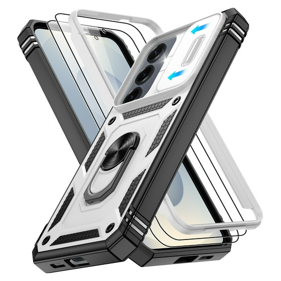 Jshru for Samsung Galaxy S25 Plus Case with Slide Camera Cover | 2Pcs Screen Protector, 360°Rotation Ring Kickstand Drop Protector Cover for Galaxy S25 Plus, White