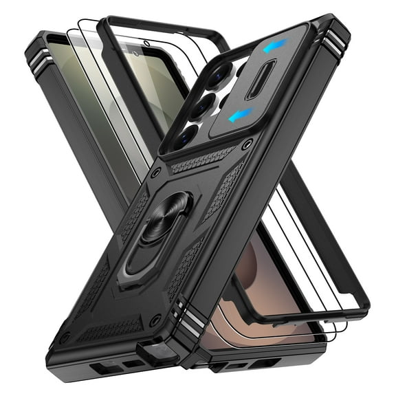 Jshru for Samsung Galaxy S25 Ultra Case with Slide Camera Cover | 2Pcs Screen Protector, 360°Rotation Ring Kickstand Drop Protector Cover for Galaxy S25 Ultra, Black