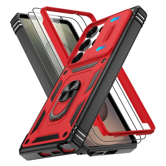 Jshru for Samsung Galaxy S25 Ultra Case with Slide Camera Cover | 2Pcs Screen Protector, 360°Rotation Ring Kickstand Drop Protector Cover for Galaxy S25 Ultra, Red