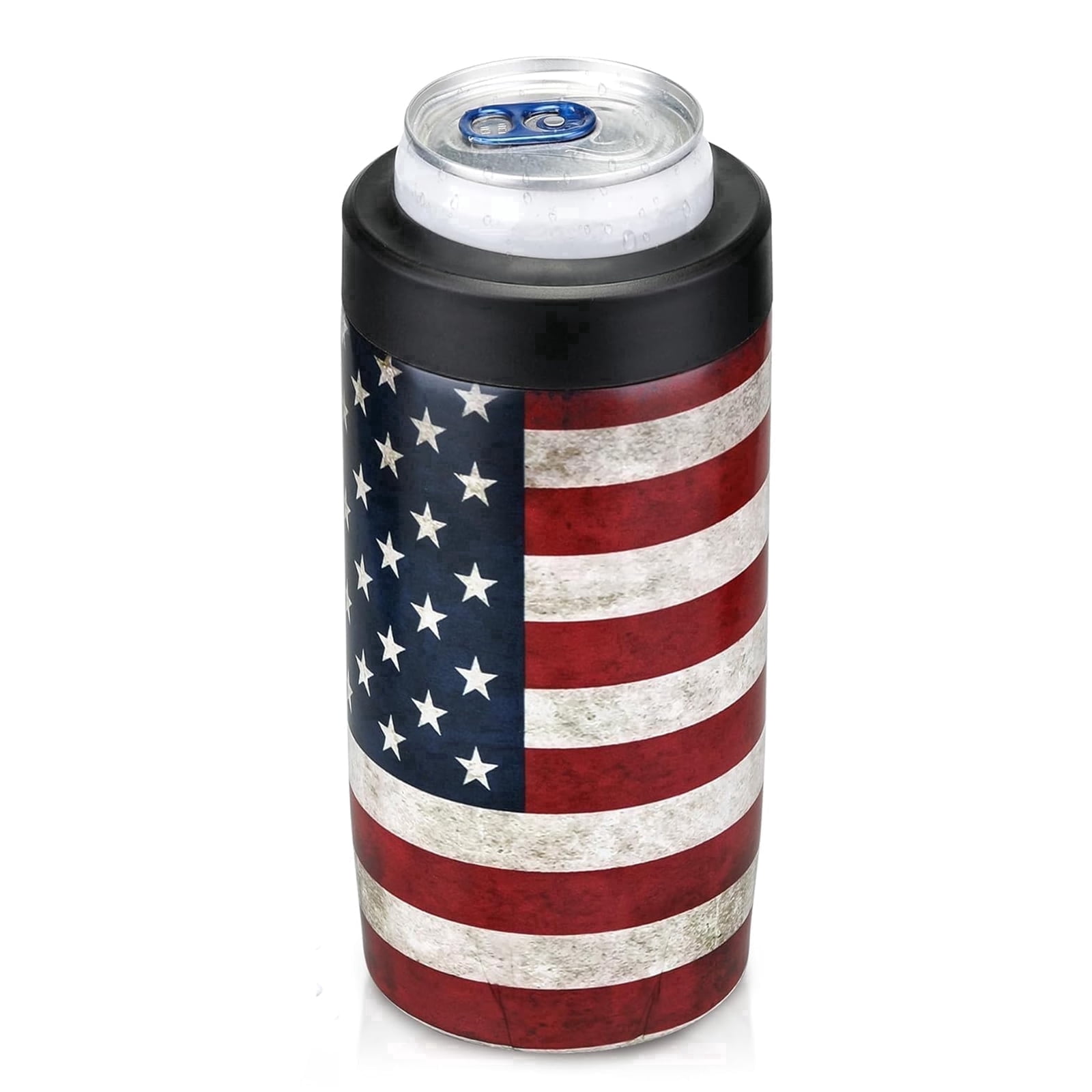 Jslove 4 in 1 Insulated Can Cooler - Universal Size for 12 oz Cans, Slim Cans, and Bottles - America Flag