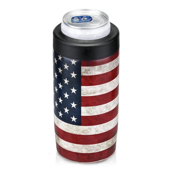 Jslove 4 in 1 Insulated Can Cooler - Universal Size for 12 oz Cans, Slim Cans, and Bottles - America Flag