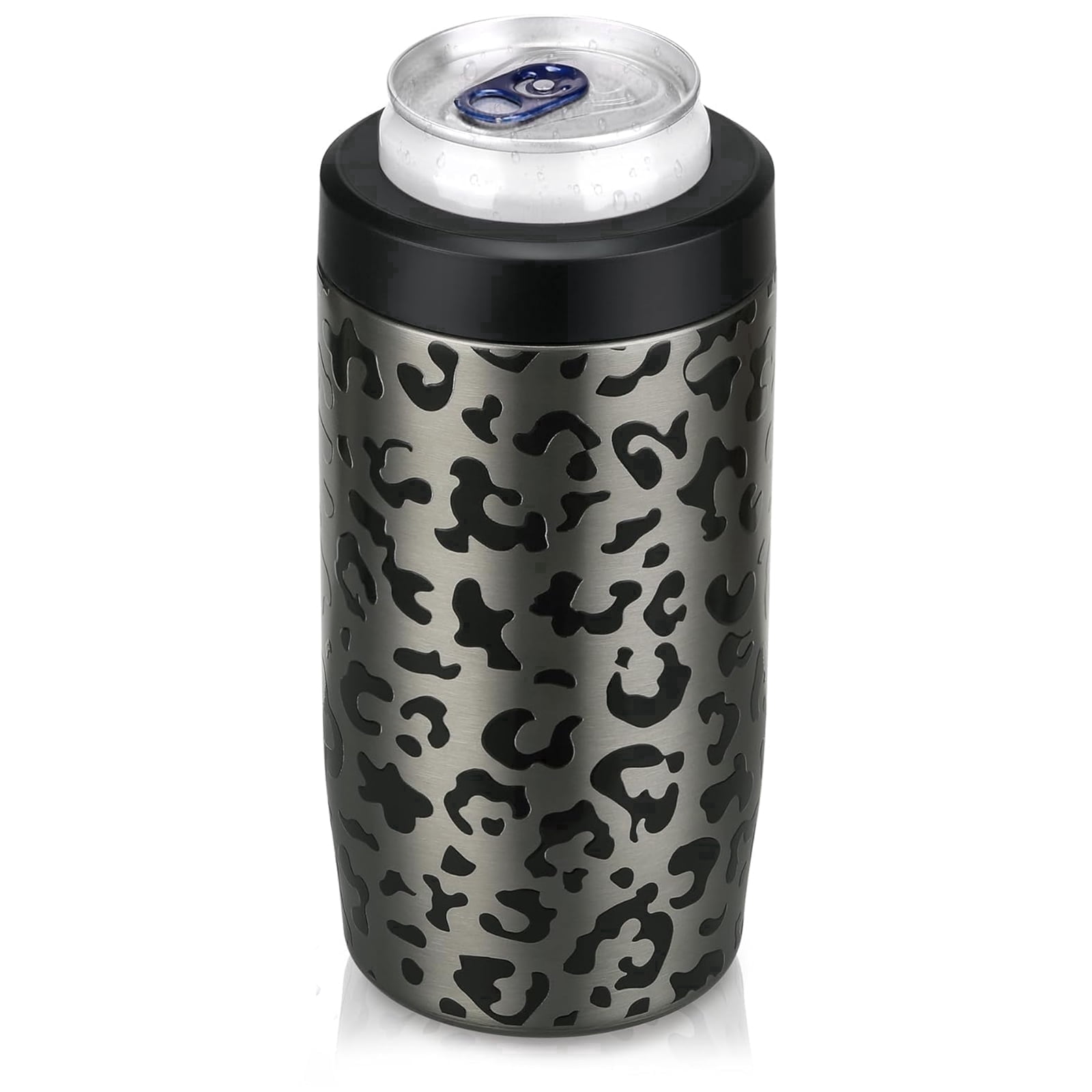 Jslove 4 in 1 Insulated Can Cooler - Universal Size for 12 oz Cans, Slim Cans, and Bottles - Black Leopard