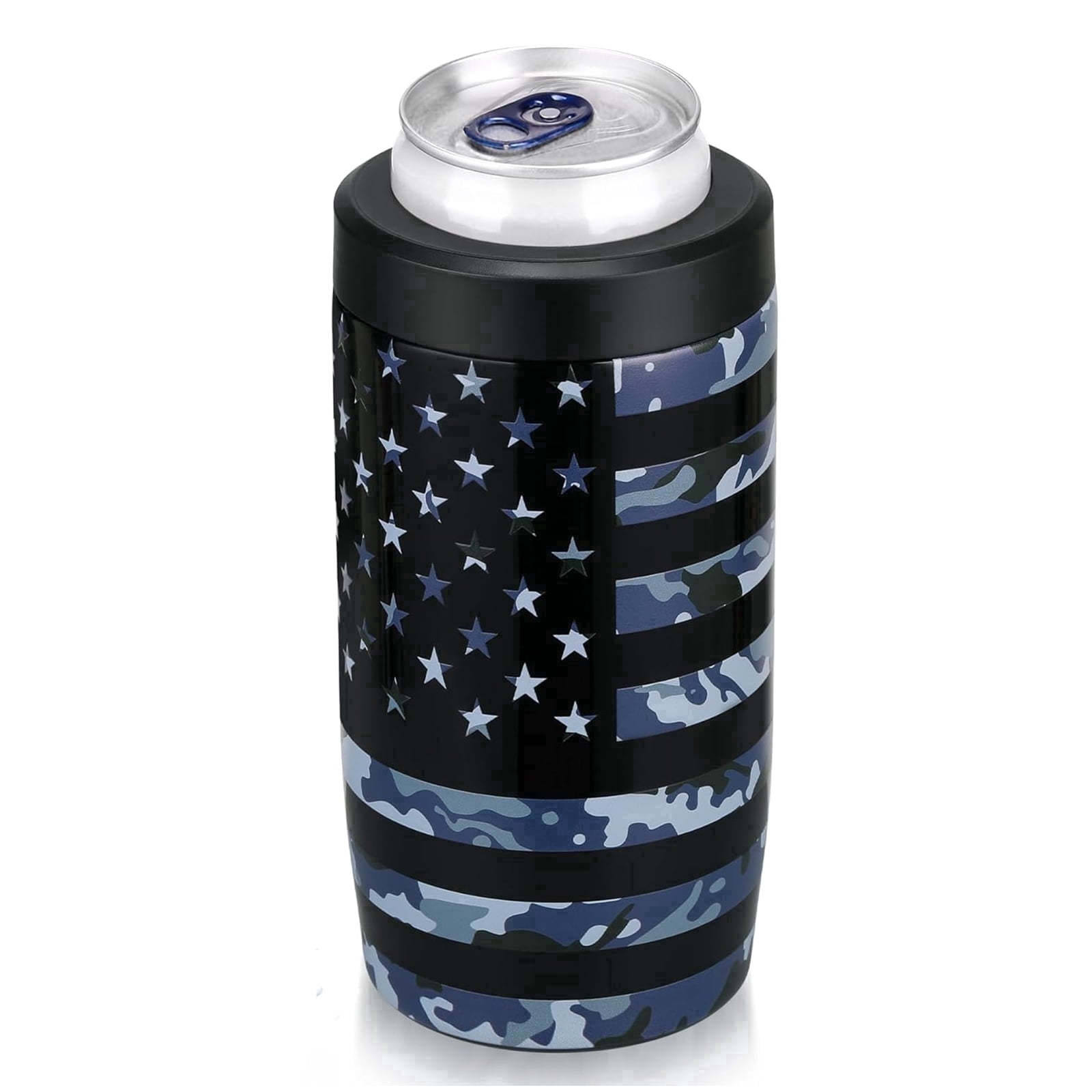 Jslove 4 in 1 Insulated Can Cooler - Universal Size for 12 oz Cans, Slim Cans, and Bottles - Camo Flag