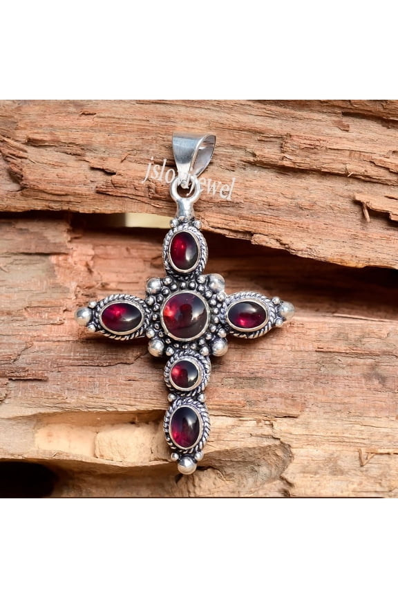 Garnet Cross Necklace Pendant, 925 Sterling Silver