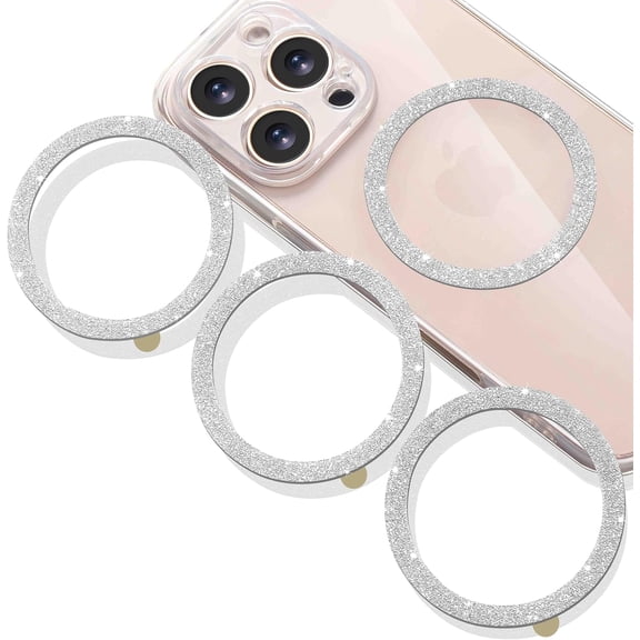 Jsoerpay Universal Metal Rings Compatible with Magsafe Sticker for All Phone Cases & Wireless Charging, Magnetic Car Mount/Phone Holder Conversion Kit, 4 Pack Glitter Silver