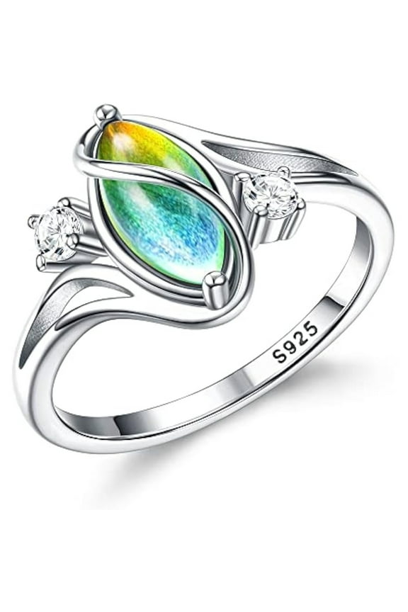 1 pc 925 Sterling Silver Rings for Women Mood Ring Color Change Cubic Zirconia Accents Ring 18K Gold Plated Oval Solitaire Statement Silver Rings Jewelry