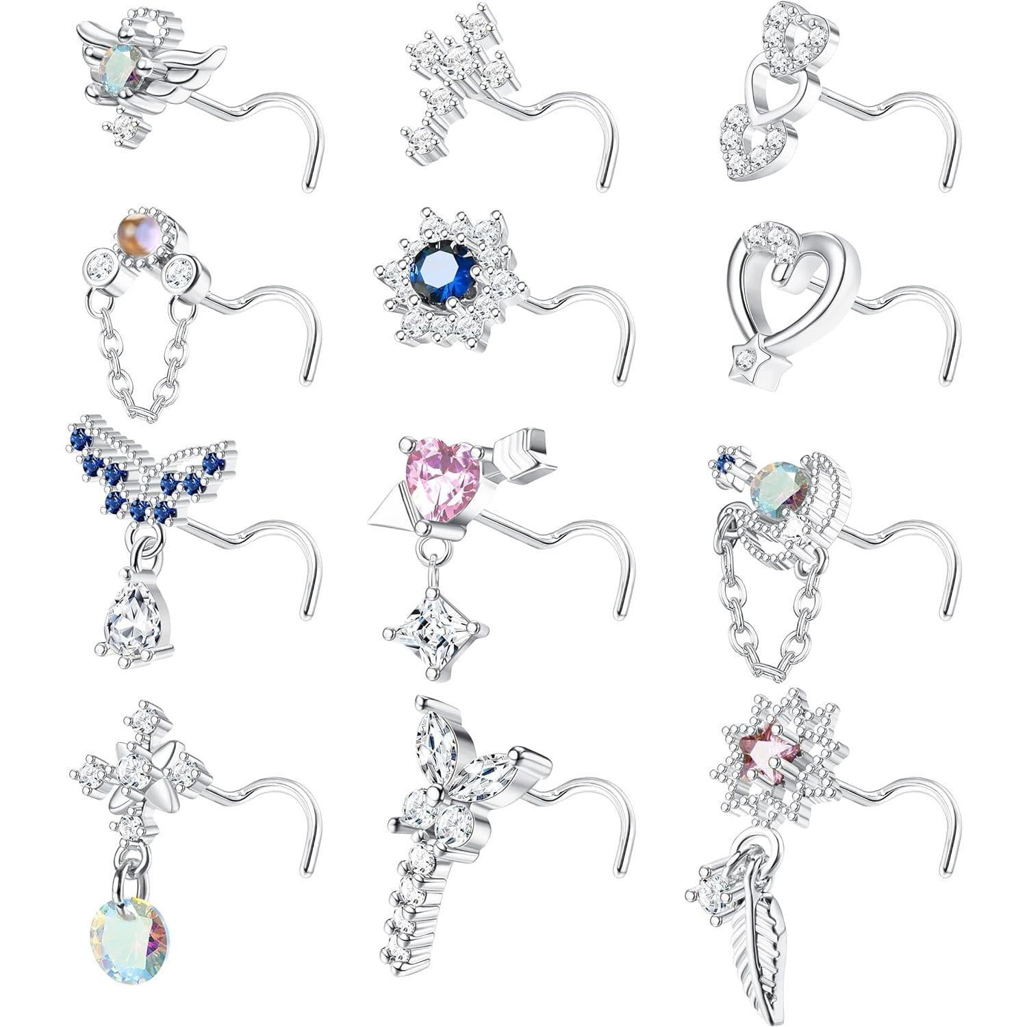 Drperfect 12-Piece Nose Ring Set – 20G L-Shaped Studs With CZ, Hearts, Snakes & More, Stainless Steel, For Women
