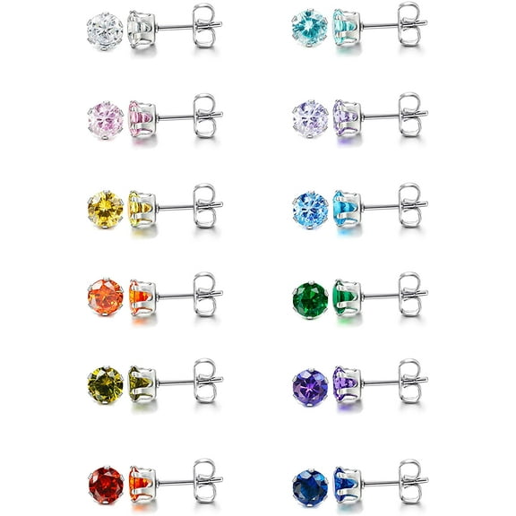 Jstyle 12 Pairs Stainless Steel Brilliant Cut Round Cubic Zirconia Birthstone Stud Earrings for Women