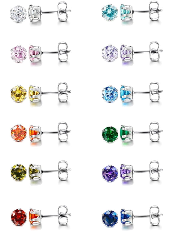 12 Pairs Stainless Steel Brilliant Cut Round Cubic Zirconia Birthstone Stud Earrings for Women